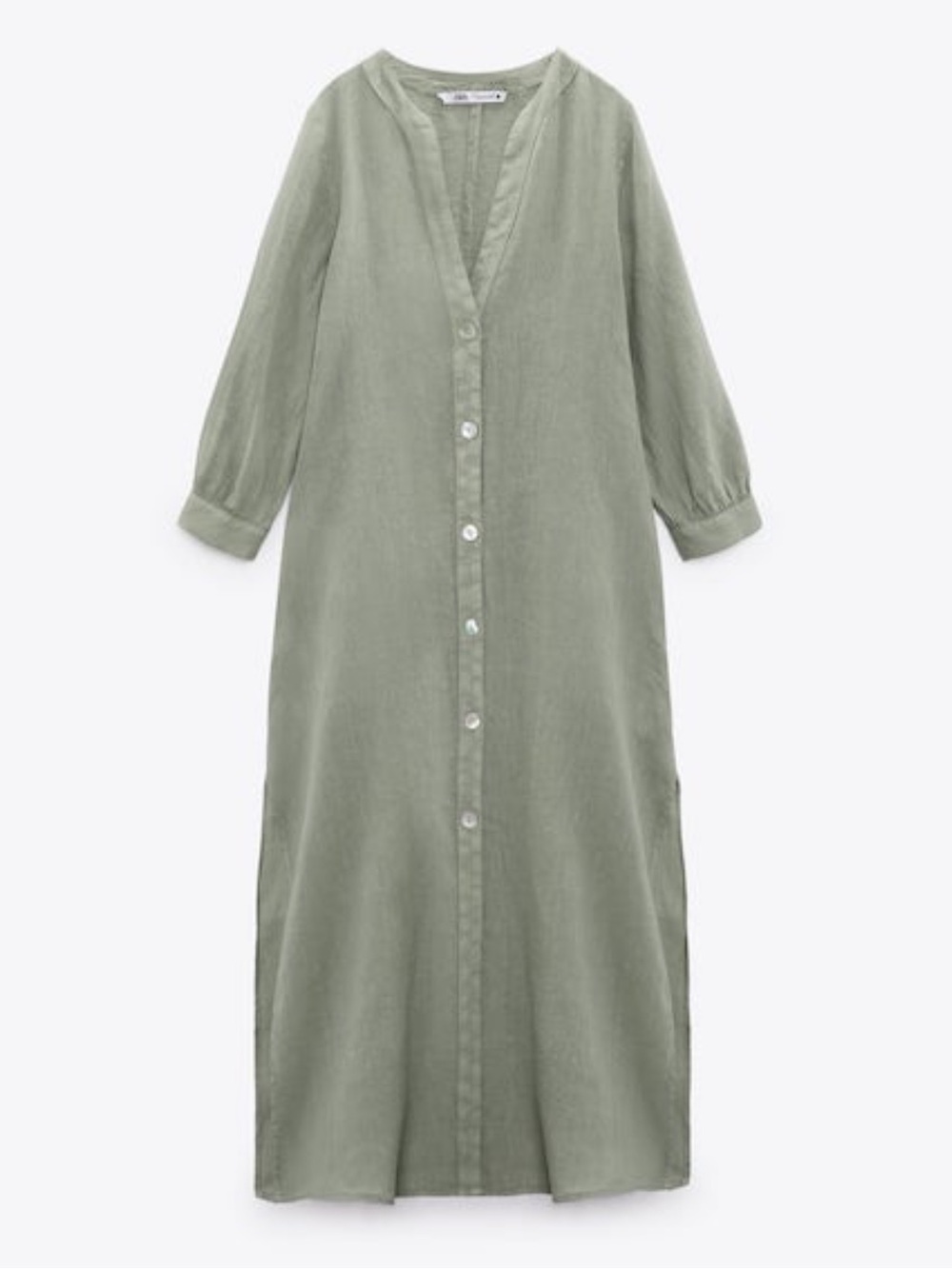Zara 100% Linen Olive Green Button front 3/4 Sleeve Midi Dress Size L